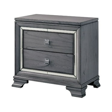 Benzara Mirror Trim Accented Two Drawer Solid Wood Nightstand with Bracket Feet, Light Gray