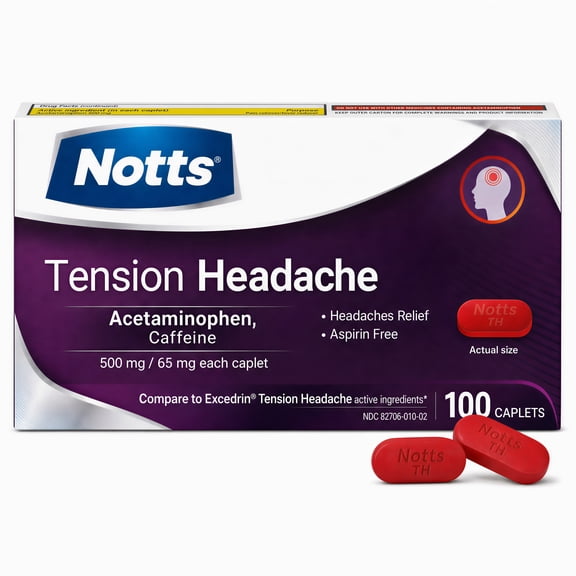 NOTTS Tension Headache Relief Caplets - Acetaminophen 500 mg, Caffeine 65 mg, 100 Count