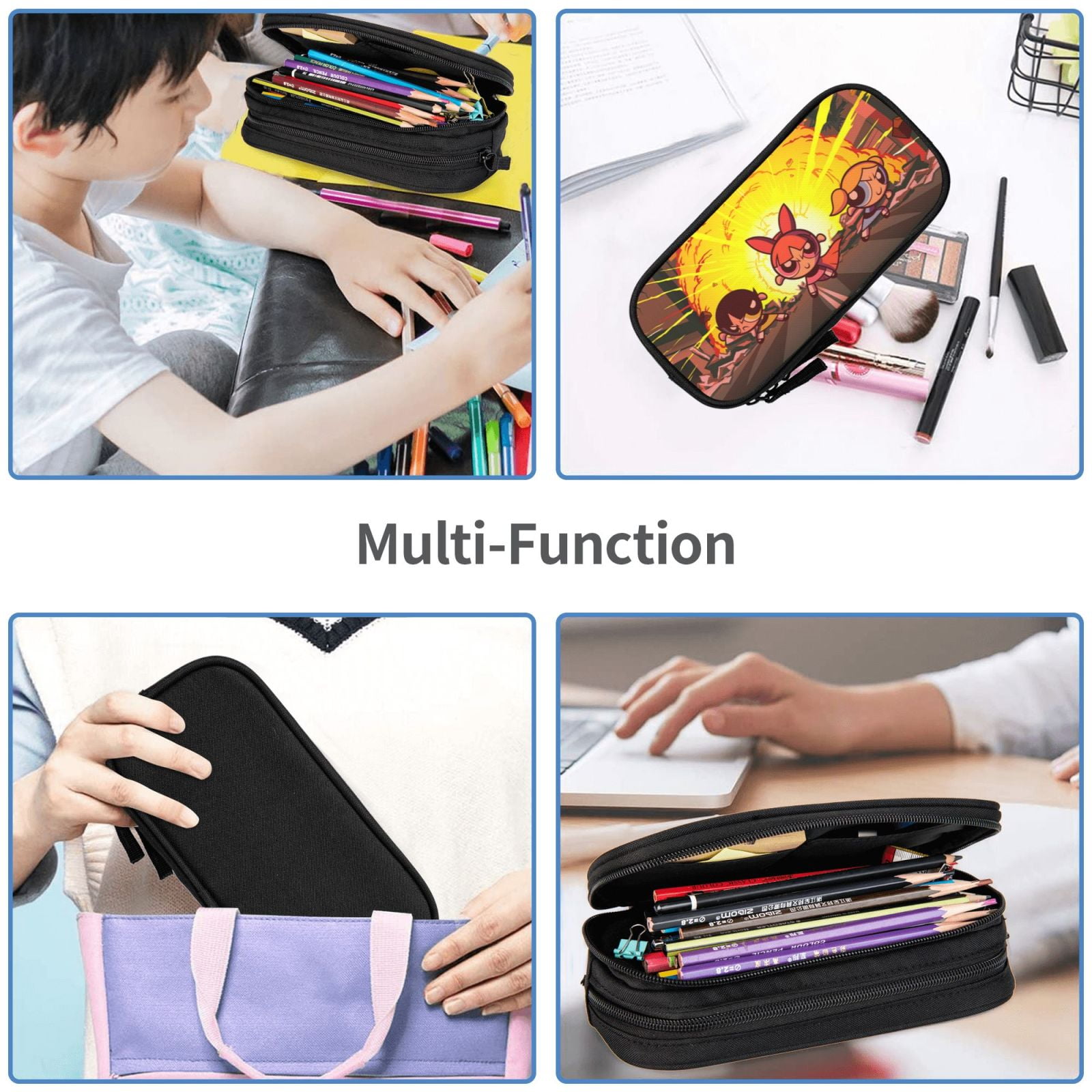 The Powerpuff Gi-rls Pencil Case Large Capacity Pencil Pouch Penbag Office Stationery Organizer Travel Makeup Bag Black
