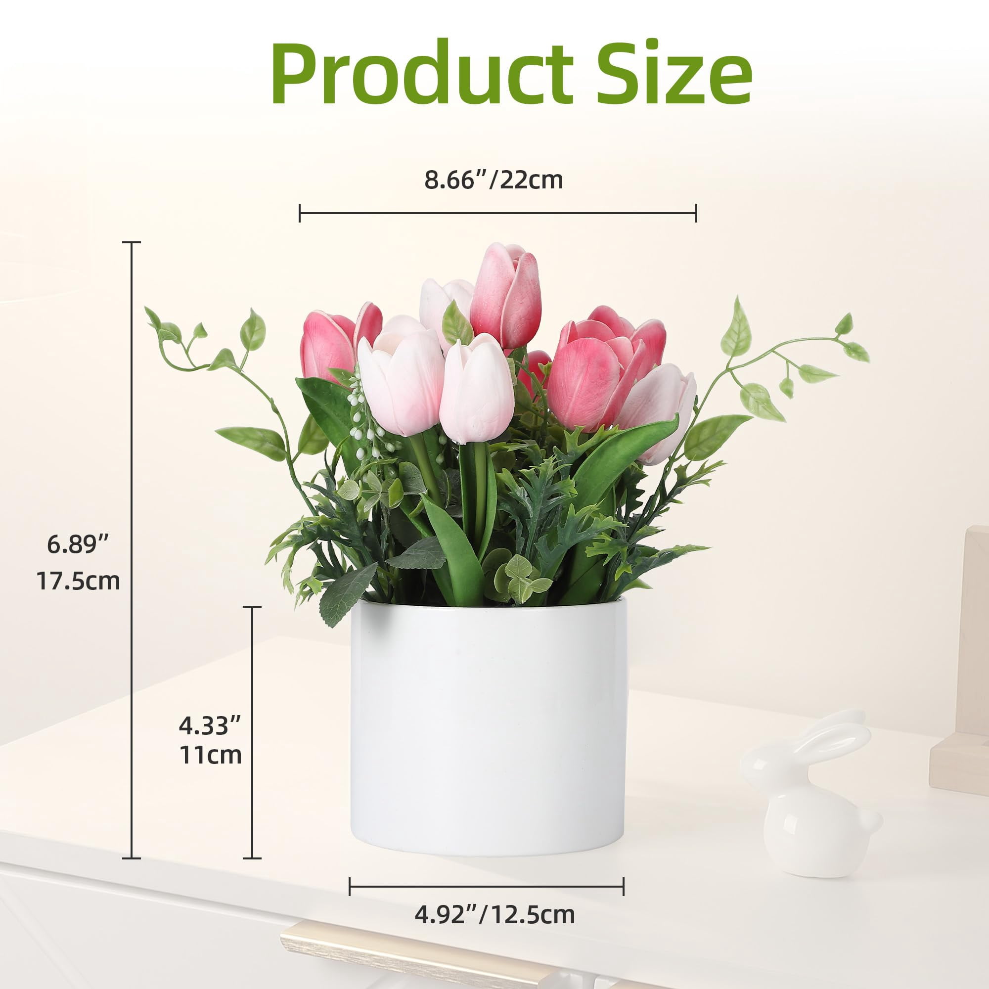 10 Pcs Artificial Tulips Flowers with Ceramic Pot, UV Protected PU Fake Floral Arrangement for Home Office Table Centerpiece, Mother's Day & Spring Decor,
