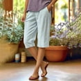 thumbnail image 4 of Josdec Women's Casual Striped Linen Bermuda Shorts Elastic High Waist Straight Leg Knee Length with Pockets for Summer Daily Beach Wear, 4 of 7