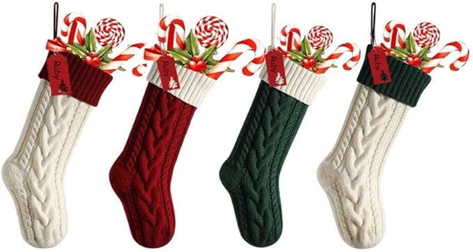 4 Pack Christmas Stockings 18 Inches Large Size Cable Knitted Stocking Gifts Christmas Decorations for Family Holiday Xmas Party, Burgundy&Ivory&Green