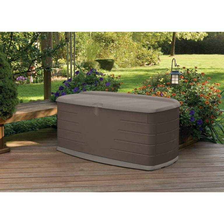 Rubbermaid 65-in L x 28.5-in 136-Gallon Dark Basketweave Plastic Deck Box  in the Deck Boxes department at