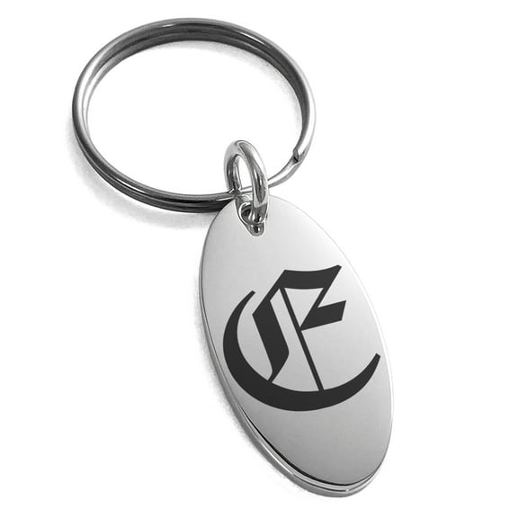 Stainless Steel Letter E Initial Old English Monogram Engraved Small Oval Charm Keychain Keyring