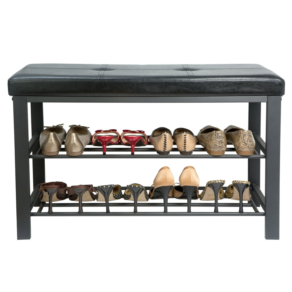 Simplify 2 Tier Entryway Bench with 8Pair Shoe Storage in Black Finish