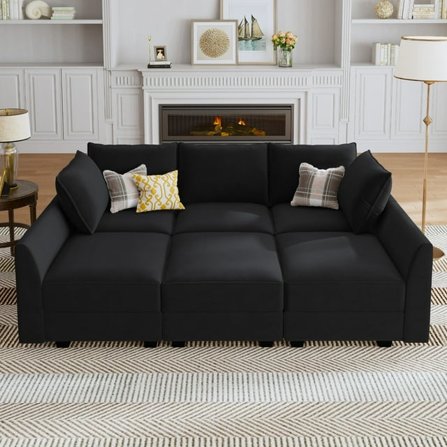 HONBAY Canapé Sectionnel Modulaire en Velours 6 Pcs avec Grand Espace de Rangement pour Salon, Velours Noir