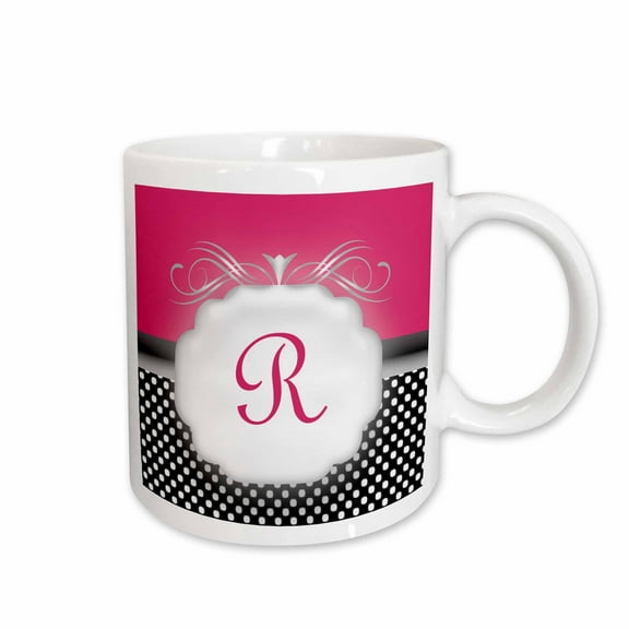 3drose, Elegant Pink with Black and White Polka Dot Monogram Letter R, 15oz Mug