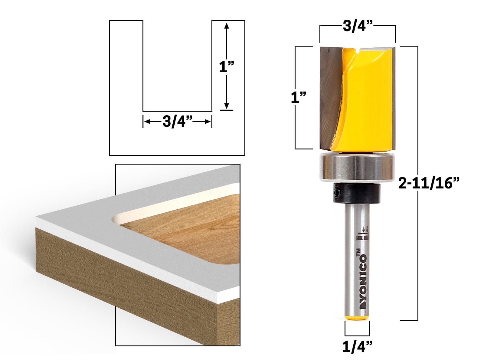 4 Bit 3/4" Diameter Flush Trim Template Router Bit Set - 1/4" Shank - Yonico 14425q