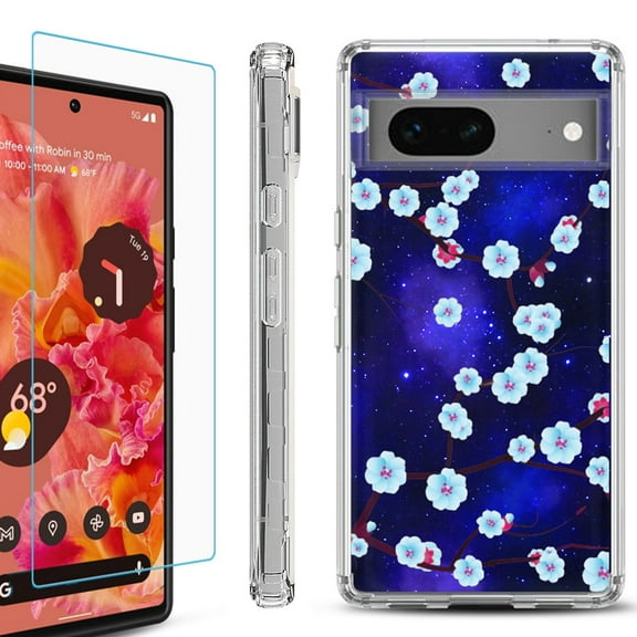OneToughShield ® for Google Pixel 7a Shockproof Bumper Phone Case, with Tempered Glass Screen Protector - Blossom Stars