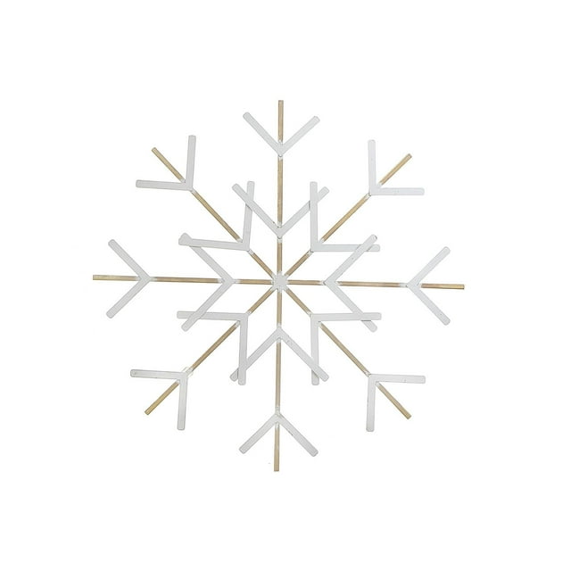 White And Gold Metal Snowflake Wall Decor Large featuring a symmetrical design of white metal branches over gold metal spokes, measuring 22.83 by 22.83 inches, ideal for festive Christmas wall decoration and adding seasonal charm to living rooms or entryways.