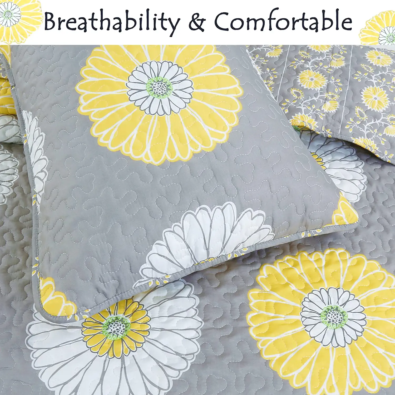Cozy Line Home Fashions Brianna Floral Yellow/Gray 3-Piece Quilt Bedding Set, King