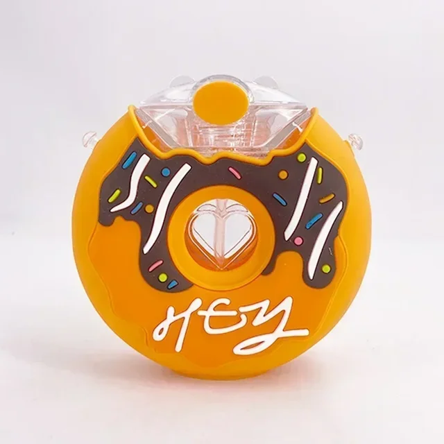 Taza con forma de donut de 380 ml, taza de alimentación para niños con pajitas, adorables tazas de agua con forma de donut, botella de agua para exteriores a prueba de fugas con dibujos animados