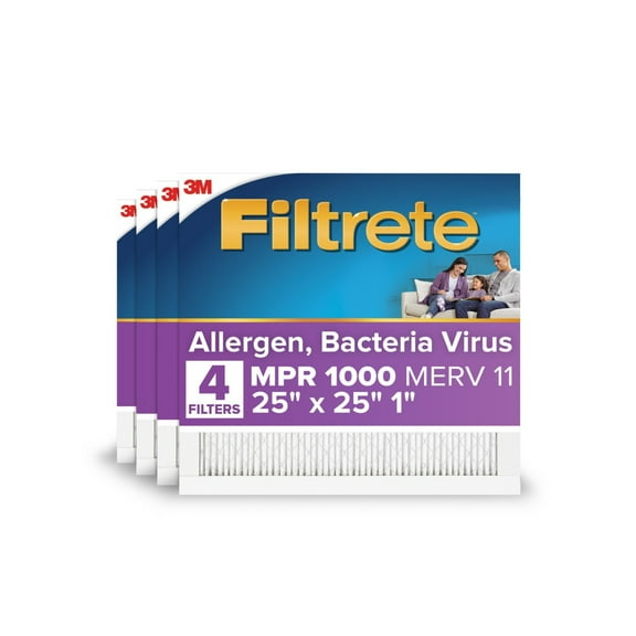 Filtrete 25x25x1 HVAC Furnace Air Filter, MPR 1500 MERV 12, Allergen, Bacteria, Virus, 4 Pack