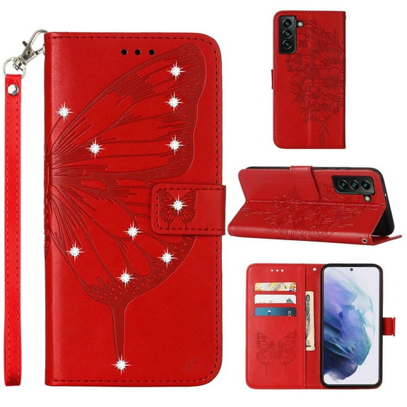SaniMore Case for Samsung Galaxy S23 Plus (6.6" 2023), PU Leather Luxury Embossed Butterfly Glitter Diamond [Wrist Strap & Card Slots & Flip Kickstand] Full-body Shockproof Wallet Cover, Red
