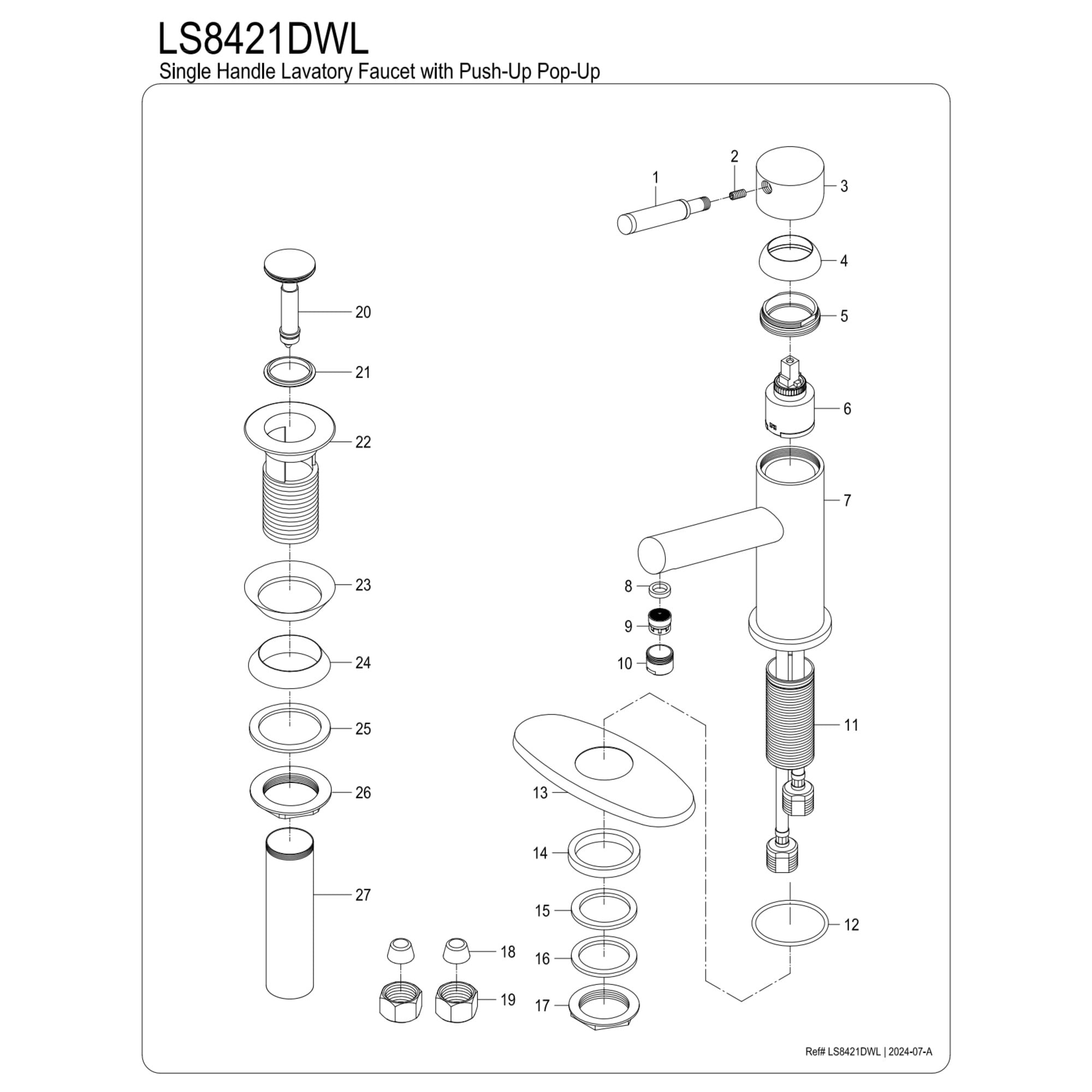 Kingston Brass LS8421DWL Wellington One-Handle Single-Hole Bathroom Faucet with Deck Plate and Push Pop-Up Drain, Polished Chrome