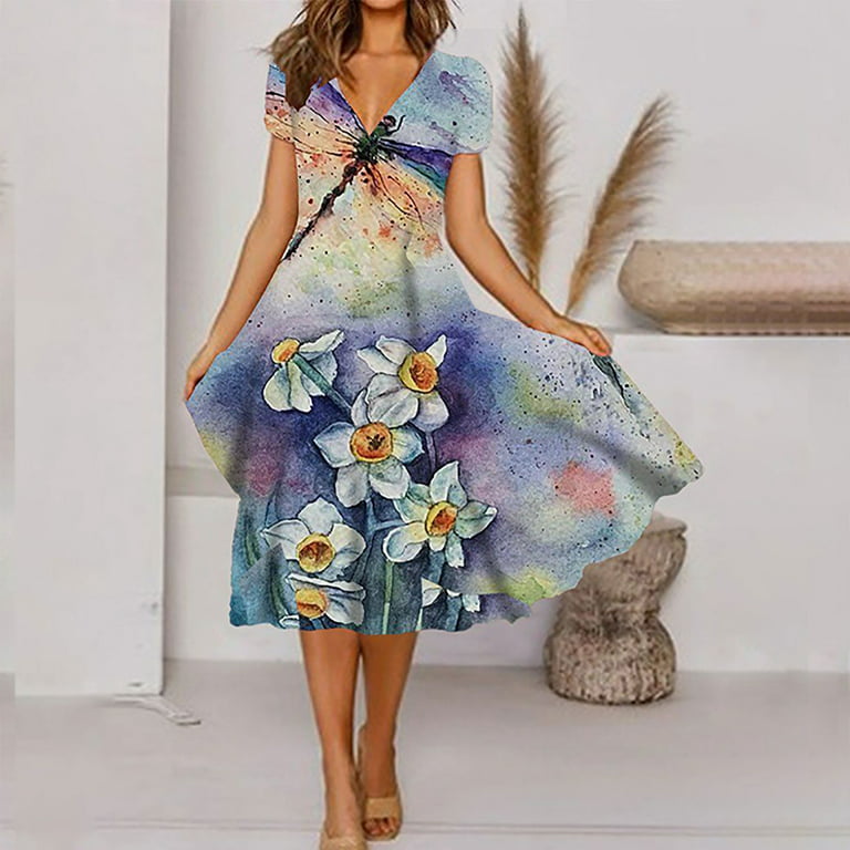 Ditsy Floral Print Dress, Elegant V Neck High Waist Loose Long