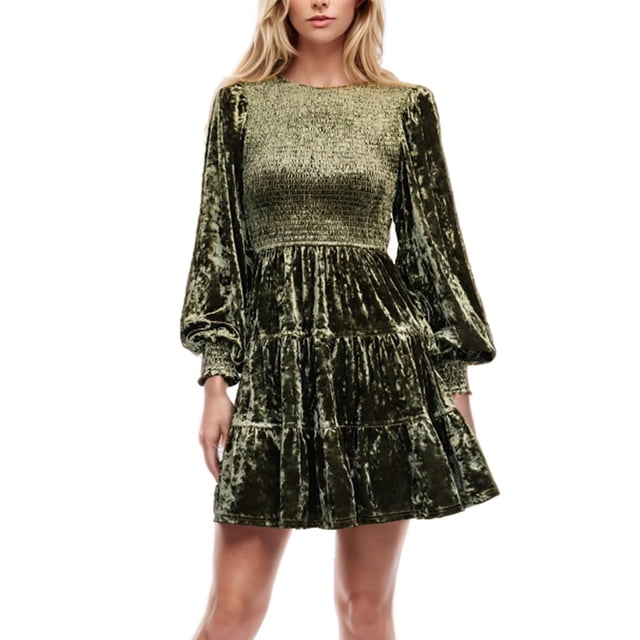 MeetoTime Robe en Velours pour Femmes Longueur Genou Manches Longues Lanterne Col Rond Robe Smockée Ligne A à Volants