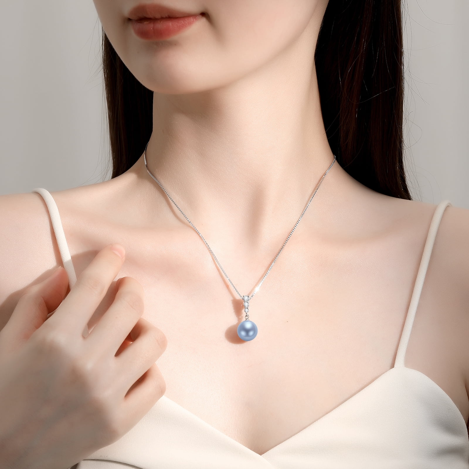 Yami 12-13mm Blue Saltwater Cultured Pearl Necklace Pendant in S925 Sterling Silver 3 CZ  with 18+2in Chain Gifts for Women