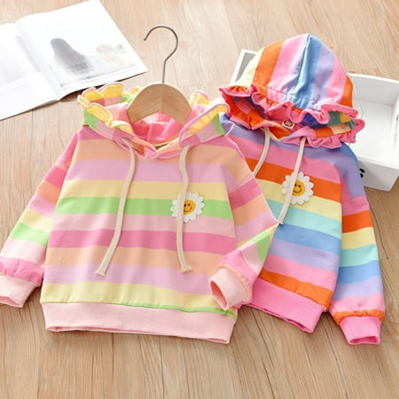 

URMAGIC Little Girls Cotton Rainbow Stripe Hoodie Sweatshirt Toddler Ruffle Collar Long Sleeve Tops 1-6T