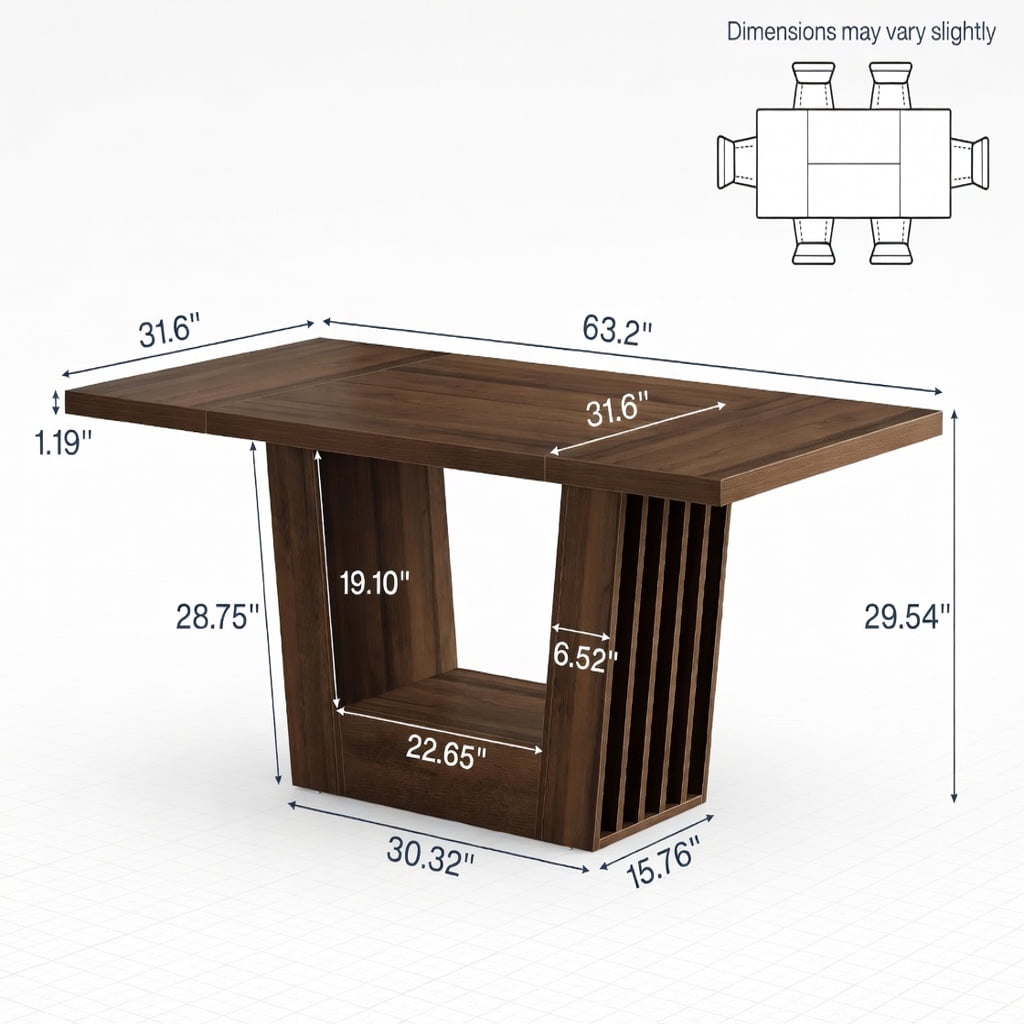 Hommoo 63 Inch Farmhouse Dining Table for 4-6 People, Solid MDF Rectangular Kitchen Table with Stylish Trapezoidal Base, Dark Brown