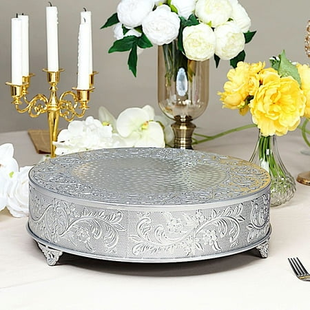 

BalsaCircle 18 Silver Round Embossed Cake Stand Riser Wedding Dessert Display Pedestal Riser Centerpieces