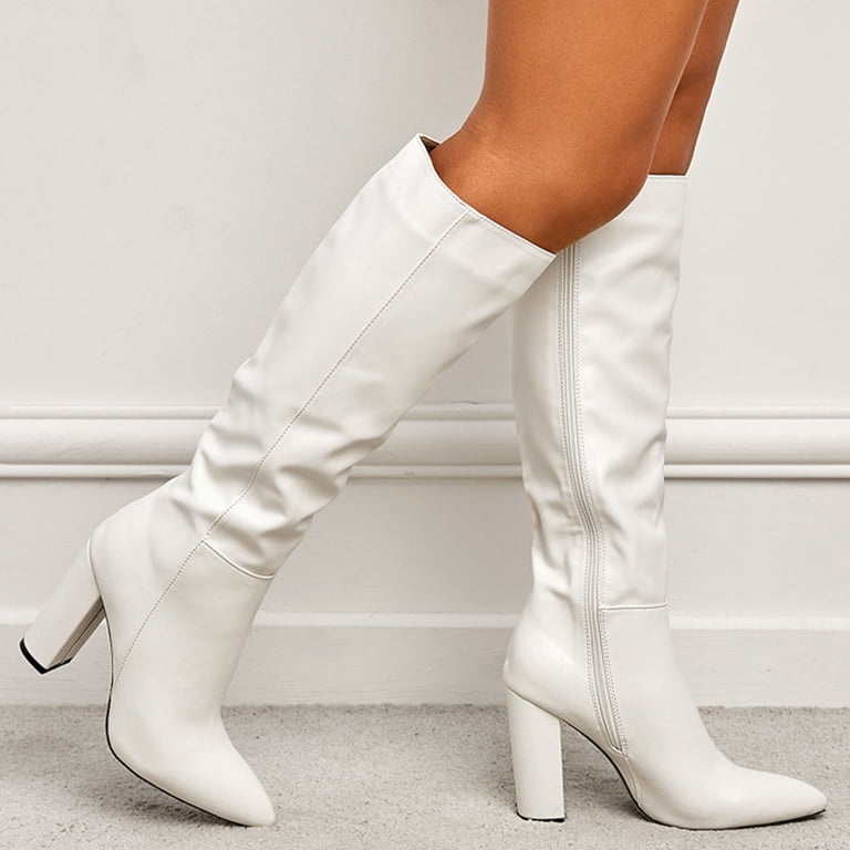 Oyedens Womens Knee Length Tall Boots Leather Pointed Toe Chunky Block High Heels Mid Calf Dress Boots White, Women's, Size: 8