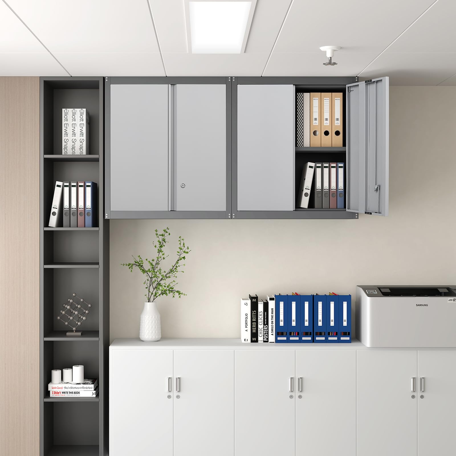 Marcree 28'' Metal Wall Garage Cabinet with Lock, Metal Garage Storage Cabinets with Adjustable Shelf and 2 Doors, Steel Cabinet for Garage, Office and Home，Grey&Black