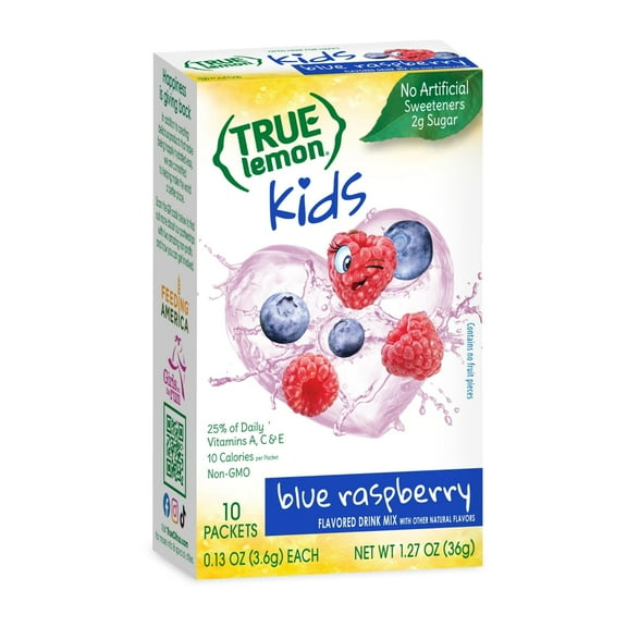 True Lemon Kids Blue Raspberry Powdered Drink Mix, Low Sugar, No Artificial Sweeteners, 10 Count Box