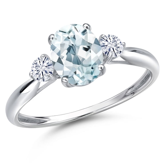 Gem Stone King 10K White Gold Sky Blue Aquamarine and White Moissanite 3-Stone Ring for Women | 1.40 Cttw | Oval 8X6MM | Gemstone March Birthstone | Size 9