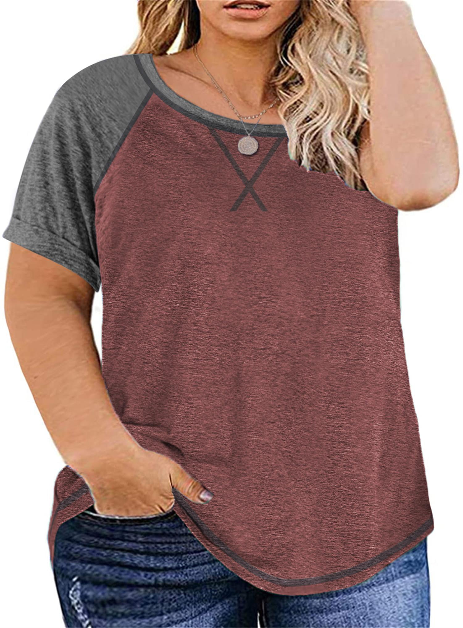 Plnotme Women's Plus Size Round Neck Short Sleeve Top Colorblock Fashion Loose Casual TShirt XL