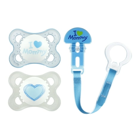 MAM Love & Affection Mommy Orthodontic Pacifier and Pacifier Clip, 0-6 Months, 2 pacifiers, 1 pacifier clip, Boy