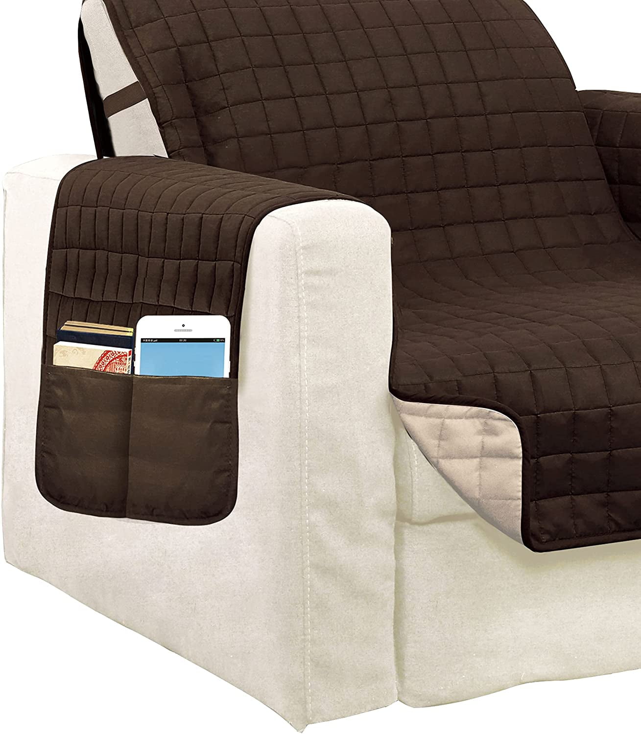 Elegant Comfort Quilted Furniture Protectors Solid and Printed Design Reversible Slipcovers Featuring Elastic Straps and Smart Pockets Great for Pets,Wing Chair Chocolate/Cream