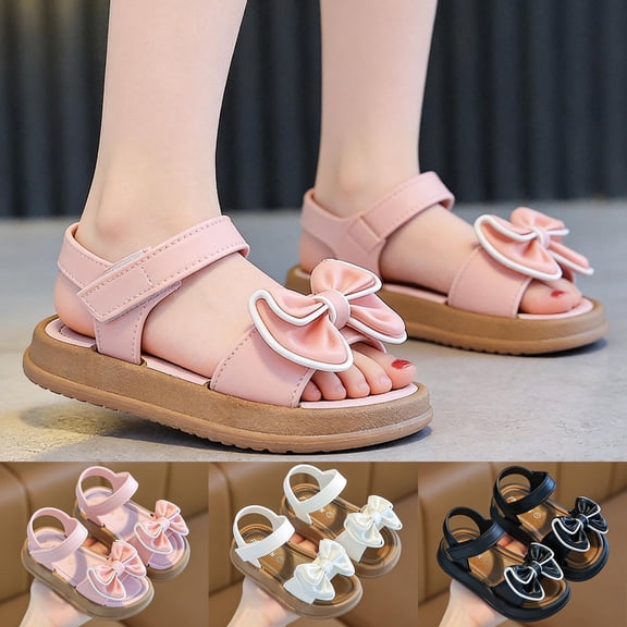 Mgmyaa Girls Bow Open Toe Sandals with Adjustable Straps Non-Slip Soft Sole Casual Summer Shoes