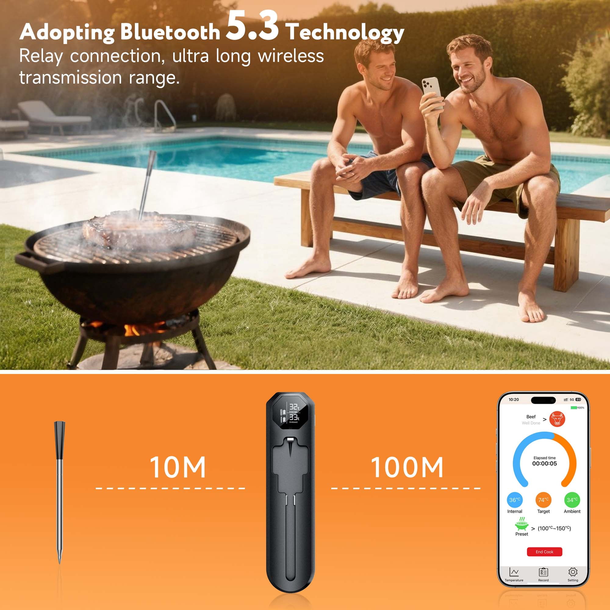 Smart Wireless Meat Thermometer with 500FT Bluetooth Range, App Remote Monitoring, Time Reminder, for Cooking, Baking, Oven, Grill and More