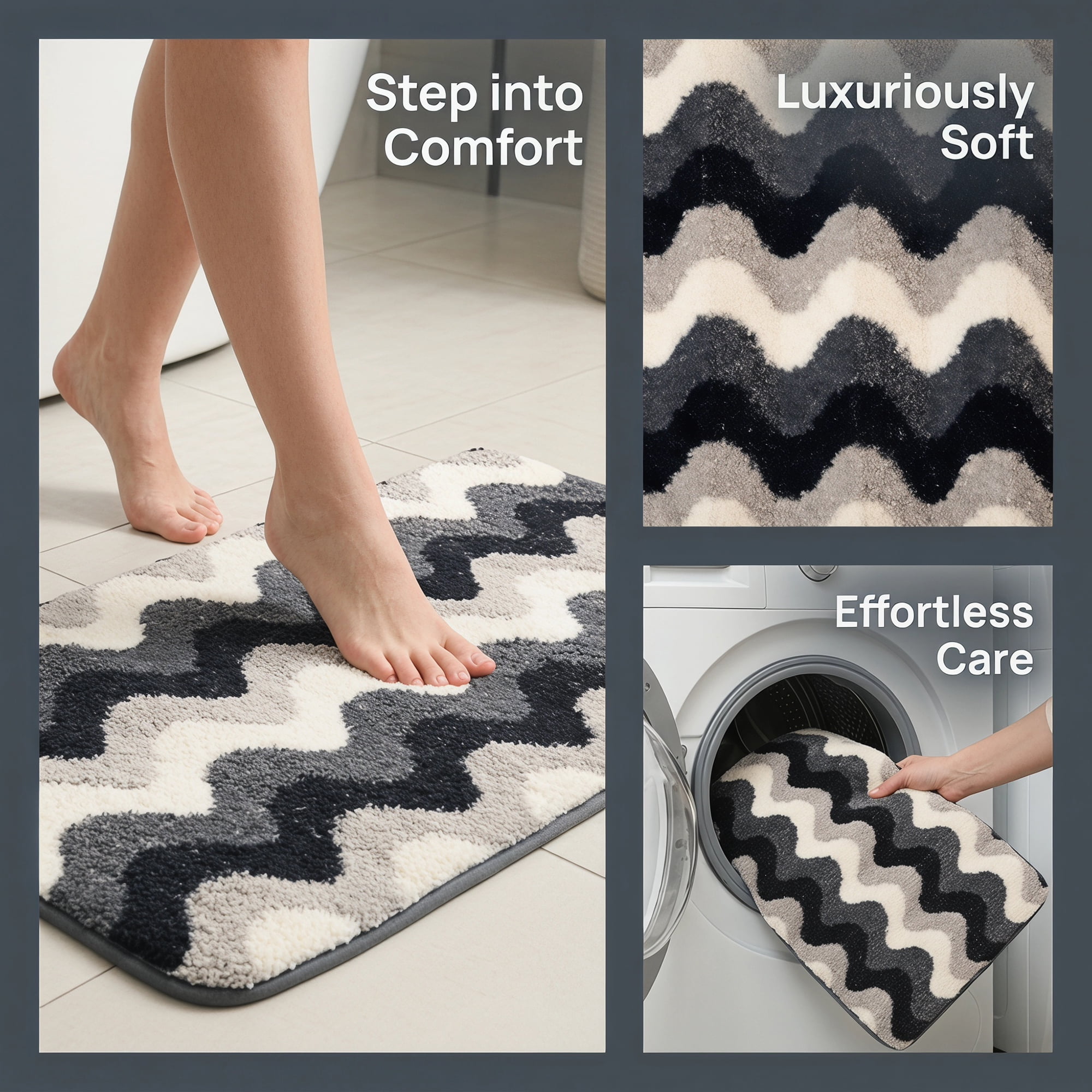Unique Bargains Absorbent Non-Slip Machine Washable Geometric Bath Mat Black 24" x 16"