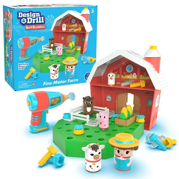 Educational Insights Design & Perceuse Bolt Buddies Barn - Jouets & Outils de Construction pour Enfants, Ensemble de Tige à Démonter avec Perceuse Électrique Réelle, Kit de Construction de Jeu de Rôle, Cadeaux pour Enfants