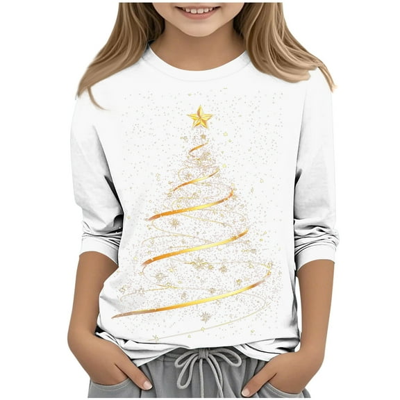 SuTry Kids Christmas Shirts 3/4 Length Sleeve Hoodless Tops Funny Christmas Print Crew Neck Holiday Tops Pullover for Children 3-12 Years(White#2,10-11 Years)