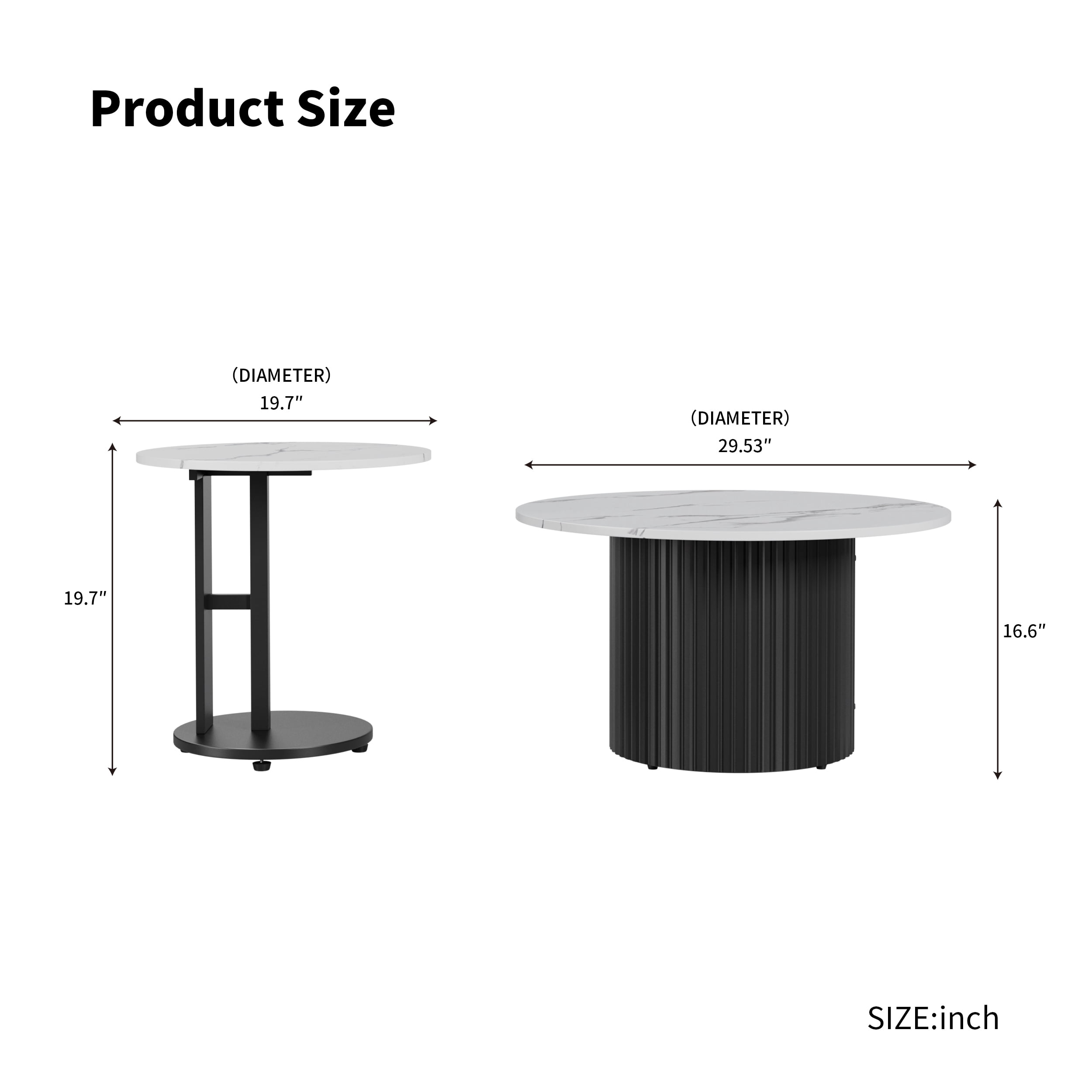 Astoutdoor Coffee Table Set of 3, Modern Nesting Tables with Faux Marble Top and Metal Legs, Round Coffee & Side Tables with Ribbed Design for Living Room, Small Space Apartment