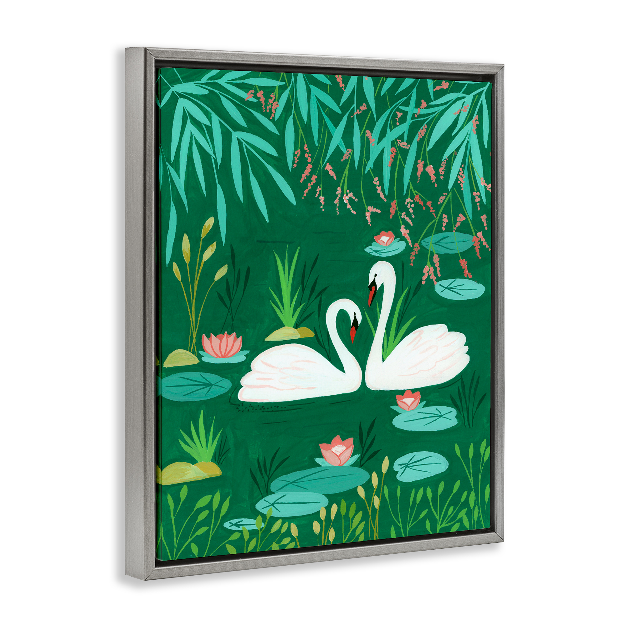 Swan Pair on Green Pond Gray Framed Floater Canvas Wall Art, design by Nabeela Rumi