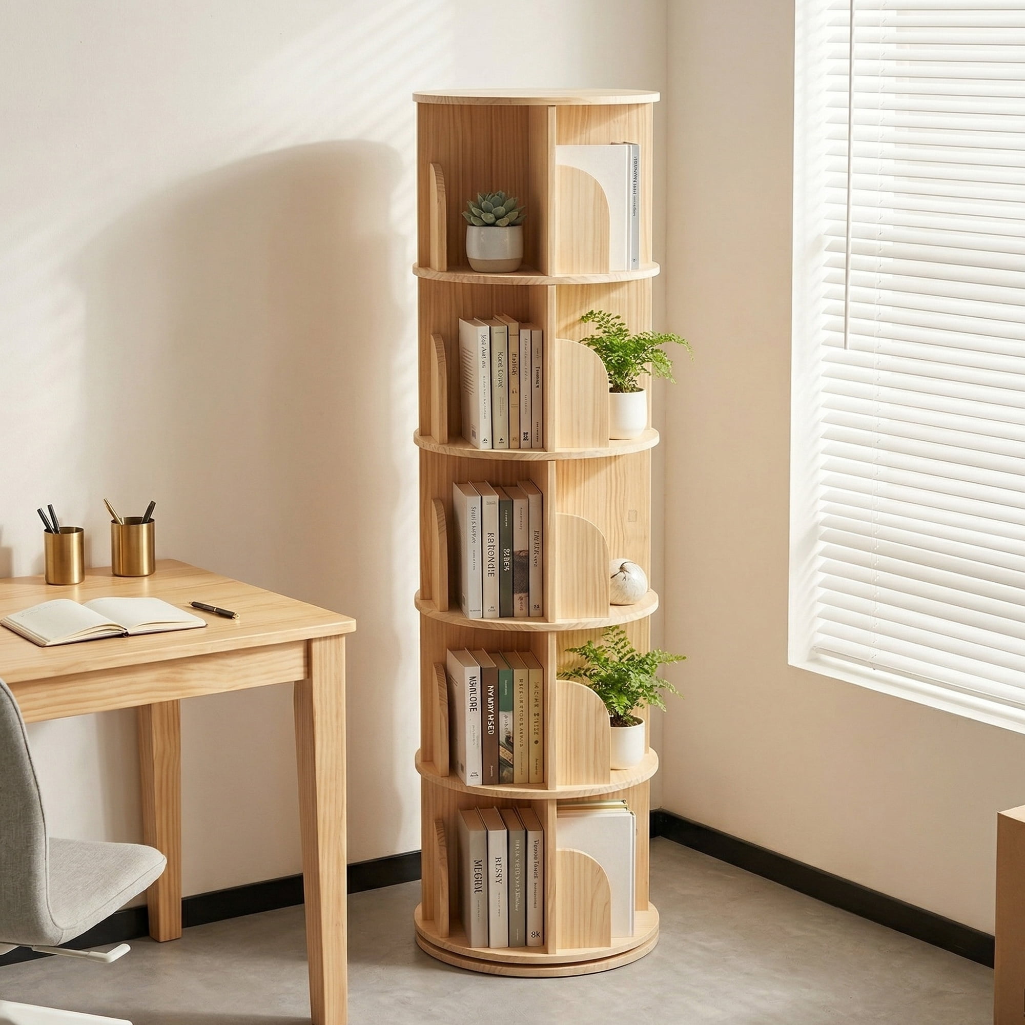 5 Tier Rotating Bookshelf, Tall Round Floor Standing Bookcase with 360° Spinning Design, Wooden Storage Display Shelf for Bedroom, Living Room, Home Office, Natural