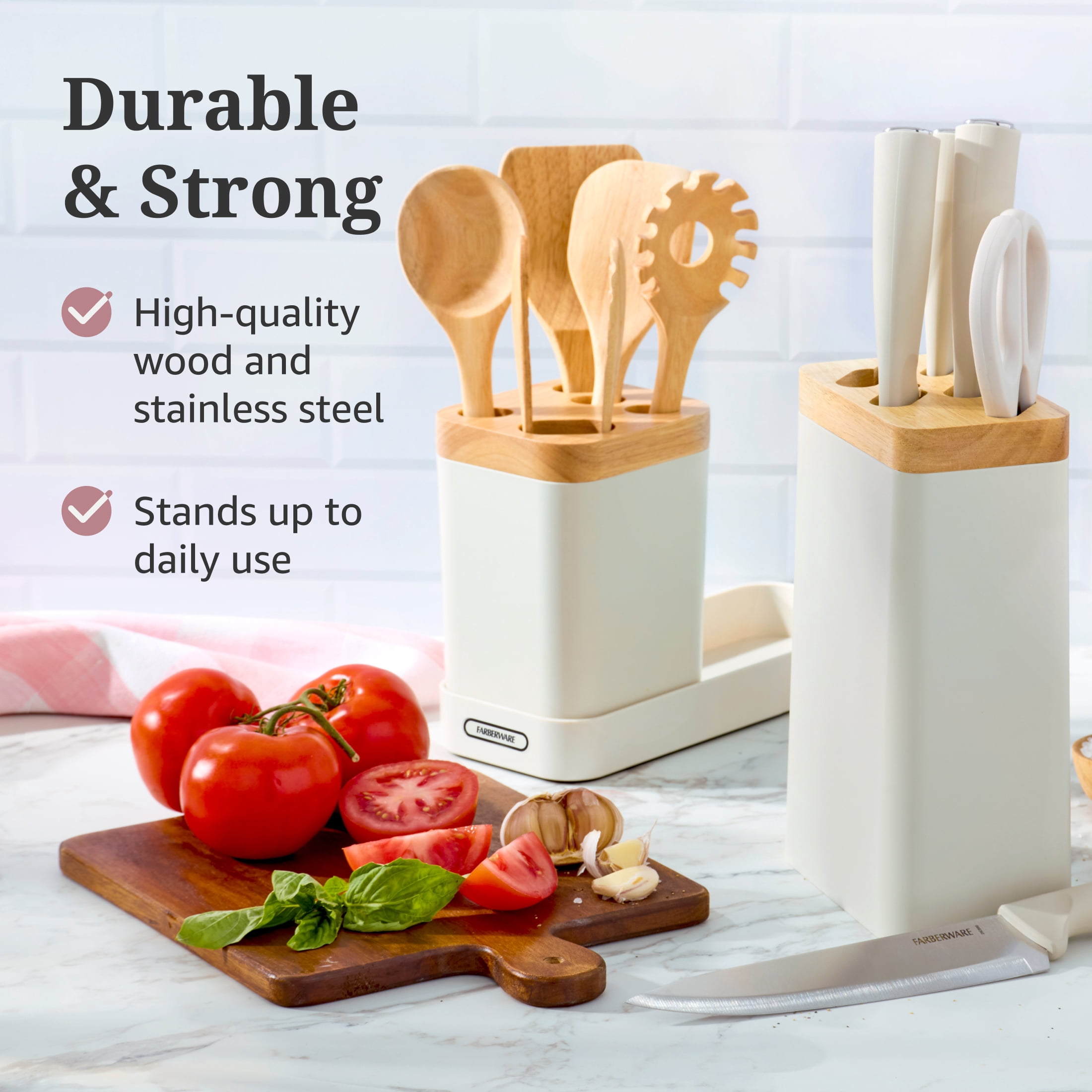 Farberware Professional Wood Kitchen Utensil and Knife Set with Counter Storage Gray, 13-Piece