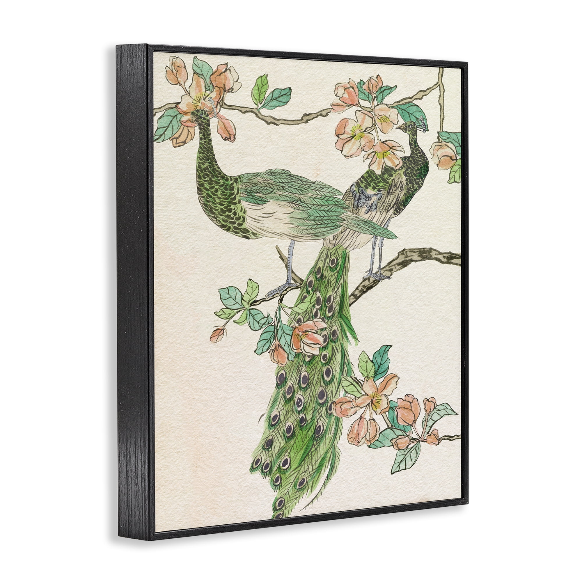 Stupell Industries Peacock & Cherry Blossoms Animals & Insects Painting Black Framed Art Print Wall Art, 24 x 30