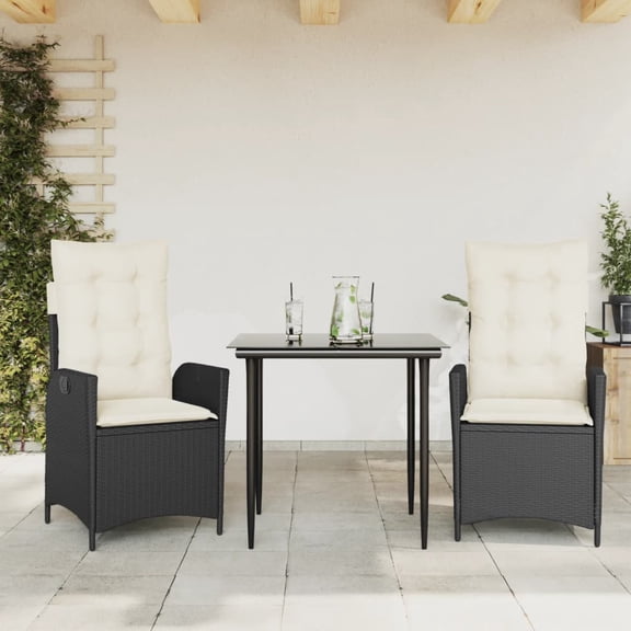 vidaXL 3 Piece Patio Dining Set with Cushions Black Poly Rattan