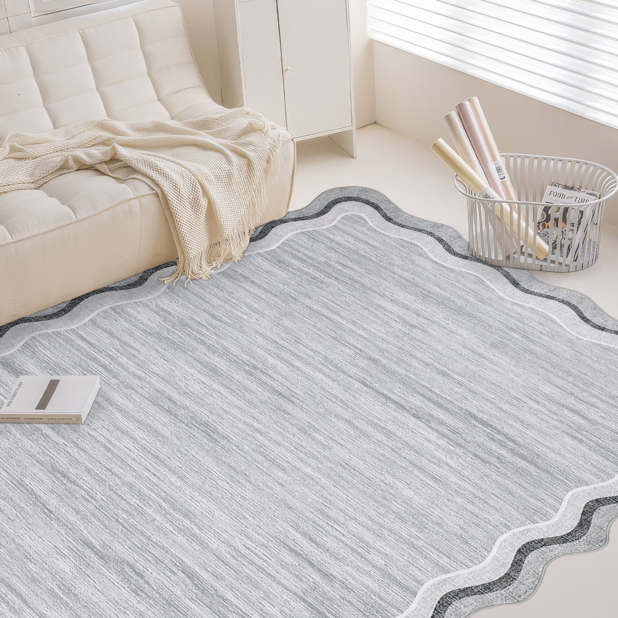 Large Scalloped Living Room Rug 10x13 Washable Modern Accent Carpet, Contemporary Low Pile Area Rugs with Non-Slip Backing, Stain-Resistant Foldable Floor Mat for Bedroom, Office, Grey