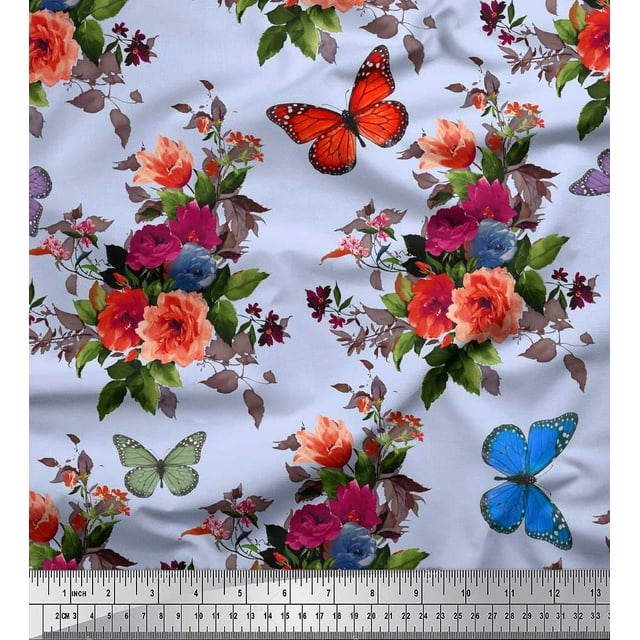 Soimoi Tissu Poly Georgette Feuilles, & Pivoine Imprimé Floral 1 Yard 52 Pouces de Large