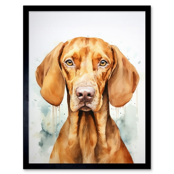 Hungarian Vizsla Dog Soft Watercolour Artwork Golden Rust Teal Bright Portrait Art Print Framed Poster Wall Decor 12x16 inch