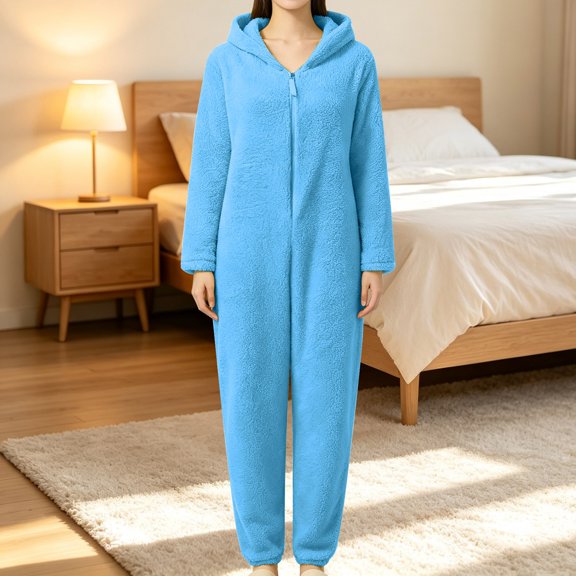 LIZUOJUN Under $12 Fall Cozy Onesie for Women Plush Fleece Hooded Zip Up Footie Solid Color Holiday Sleepwear Party Costume Nightwear Long Sleeve Long Pants Ankle Cuff, L