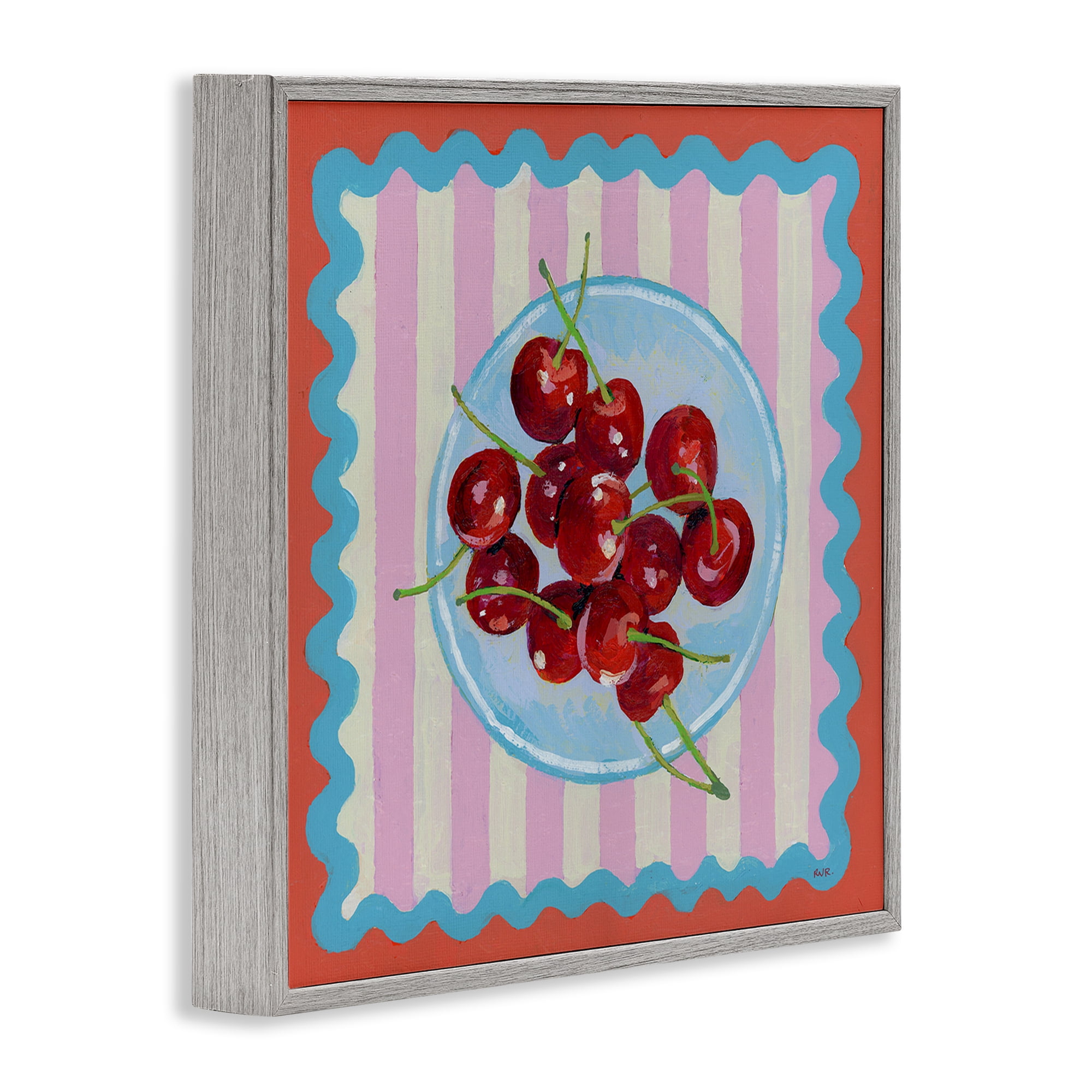 Stupell Industries Red Cherries over Pink Stripes Gray Framed Giclee Art, design by Rachael Reese