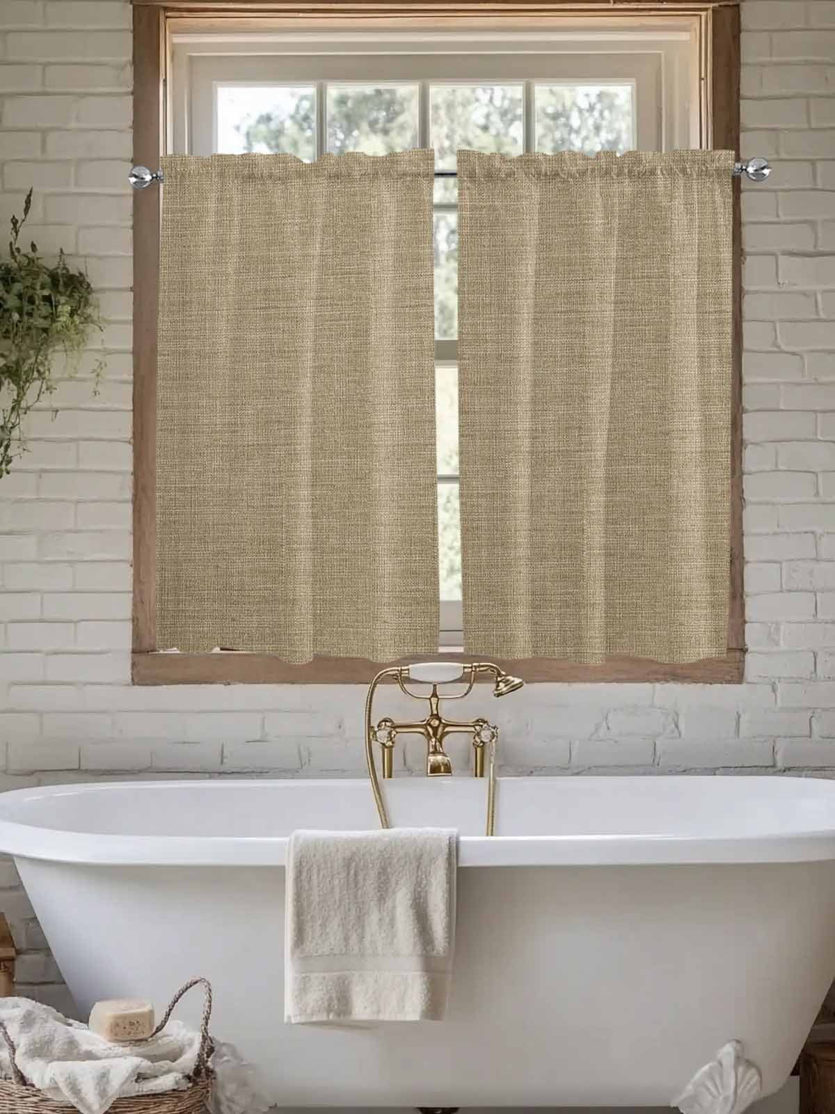 Beige Kitchen Curtains 45 Inches length, Farmhouse Burlap Solid Brown Color Modern Linen Texture Window Treatment Curtain Drapes, Lightweight Window Panels for Living Room Bedroom, 52"x45", 2 Panels