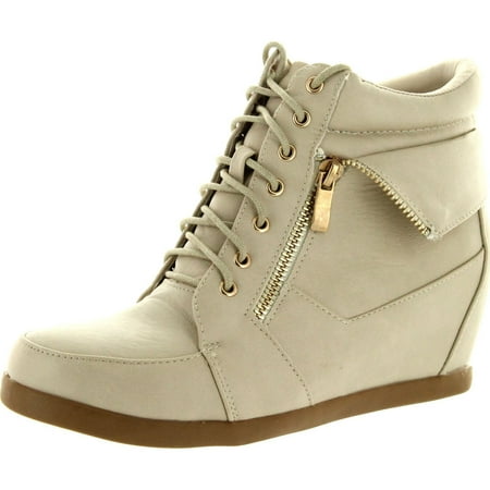 

Top Moda Womens Peter-30 Lace Up High Top Hidden Wedge Sneaker Shoes Beige 8.5